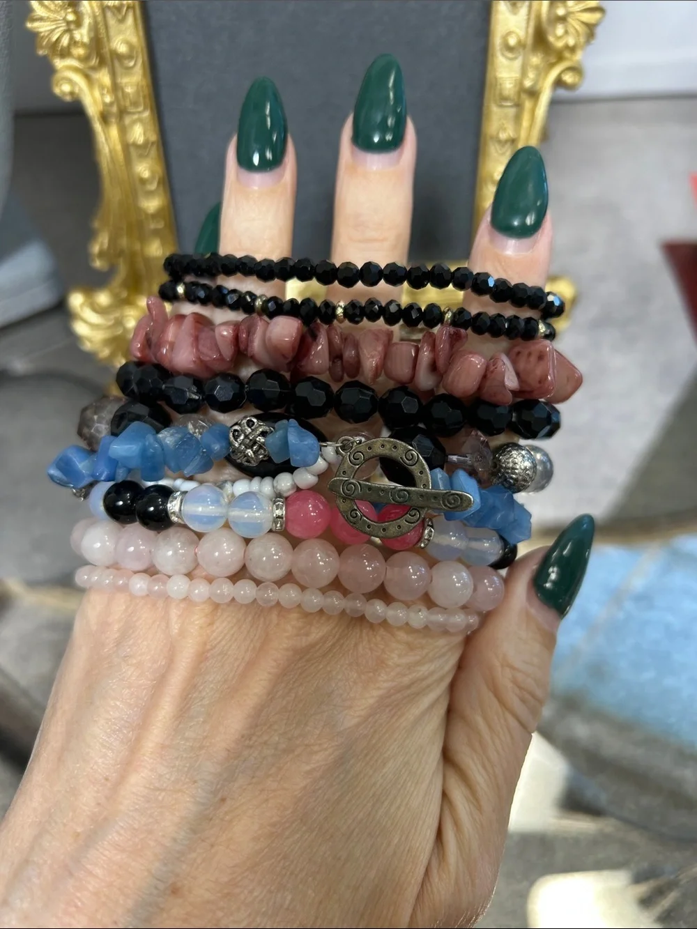 Bundle of Stackable Pink, Black & Blue Beaded Bracelet Set - Women Jewelry